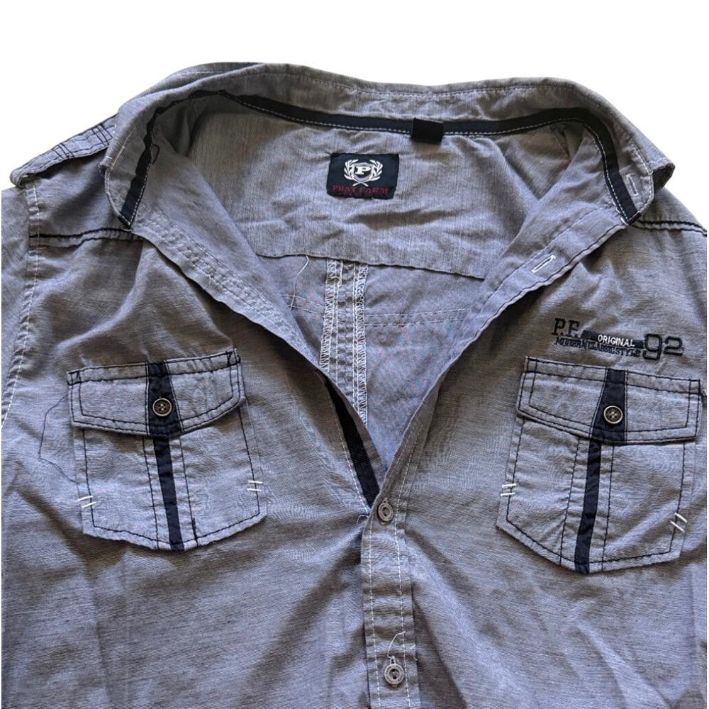 Phat Farm Mens Grey Striped Short Sleeve Button Down Shirt Urban Style Large - Picture 2 of 4